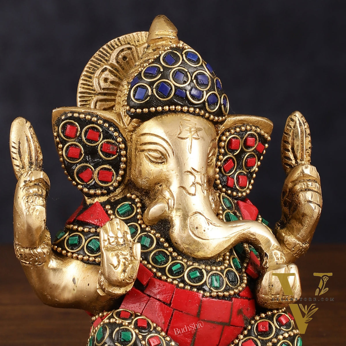 Pure Brass Ganesha Idol with Stonework - Perfect Desk Showpiece Gift 5"