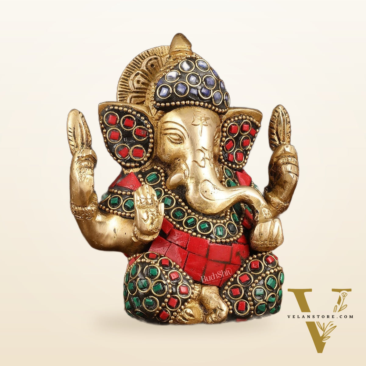 Pure Brass Ganesha Idol with Stonework - Perfect Desk Showpiece Gift 5"