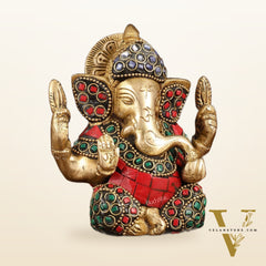 Pure Brass Ganesha Idol with Stonework - Perfect Desk Showpiece Gift 5"