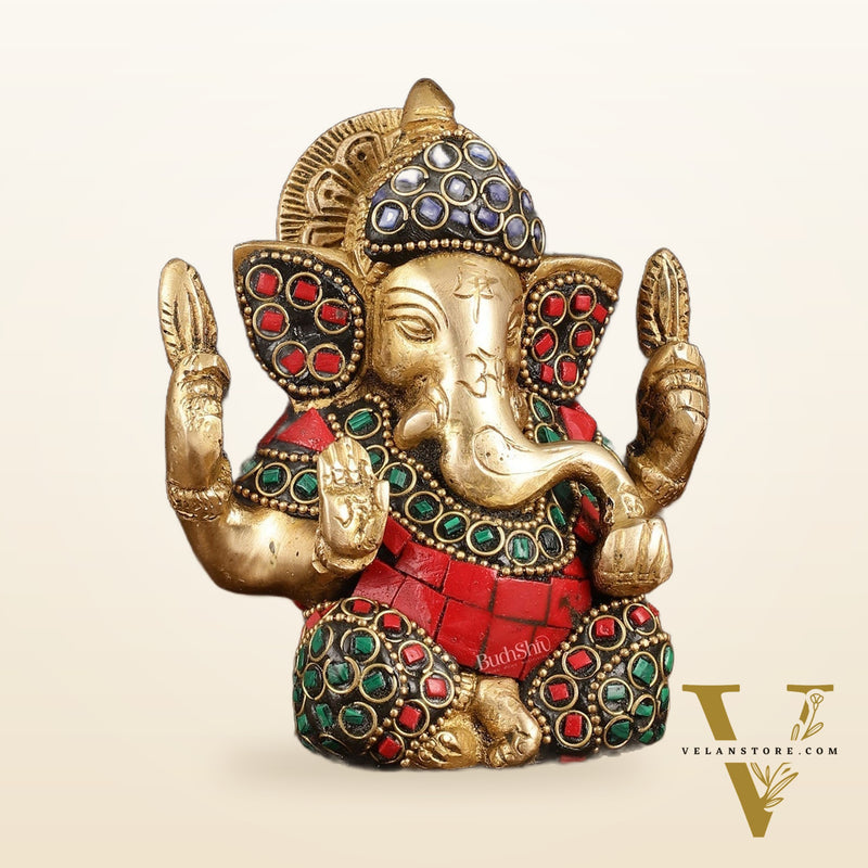 Pure Brass Ganesha Idol with Stonework - Perfect Desk Showpiece Gift 5"