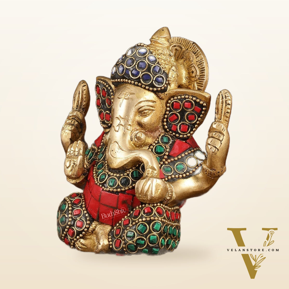 Pure Brass Ganesha Idol with Stonework - Perfect Desk Showpiece Gift 5"