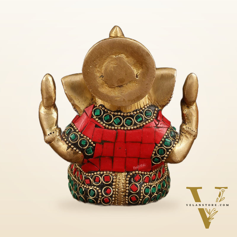Pure Brass Ganesha Idol with Stonework - Perfect Desk Showpiece Gift 5"