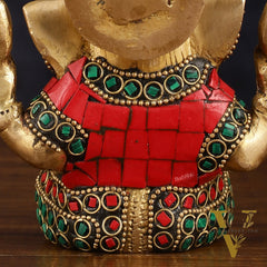 Pure Brass Ganesha Idol with Stonework - Perfect Desk Showpiece Gift 5"