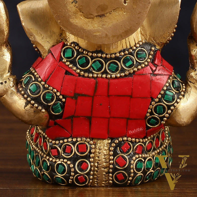 Pure Brass Ganesha Idol with Stonework - Perfect Desk Showpiece Gift 5"