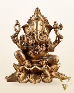 Pure Brass Ganesha in Lotus Base Idol - 5.5"