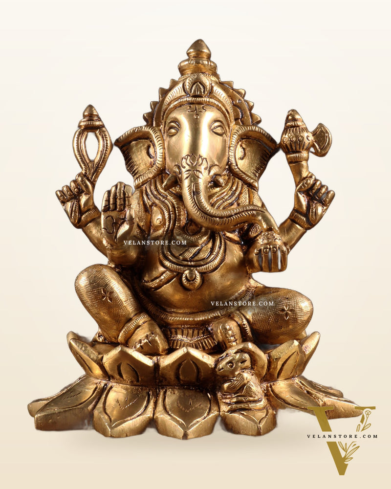 Pure Brass Ganesha in Lotus Base Idol - 5.5"