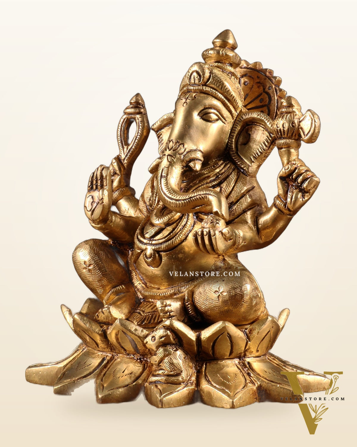Pure Brass Ganesha in Lotus Base Idol - 5.5"
