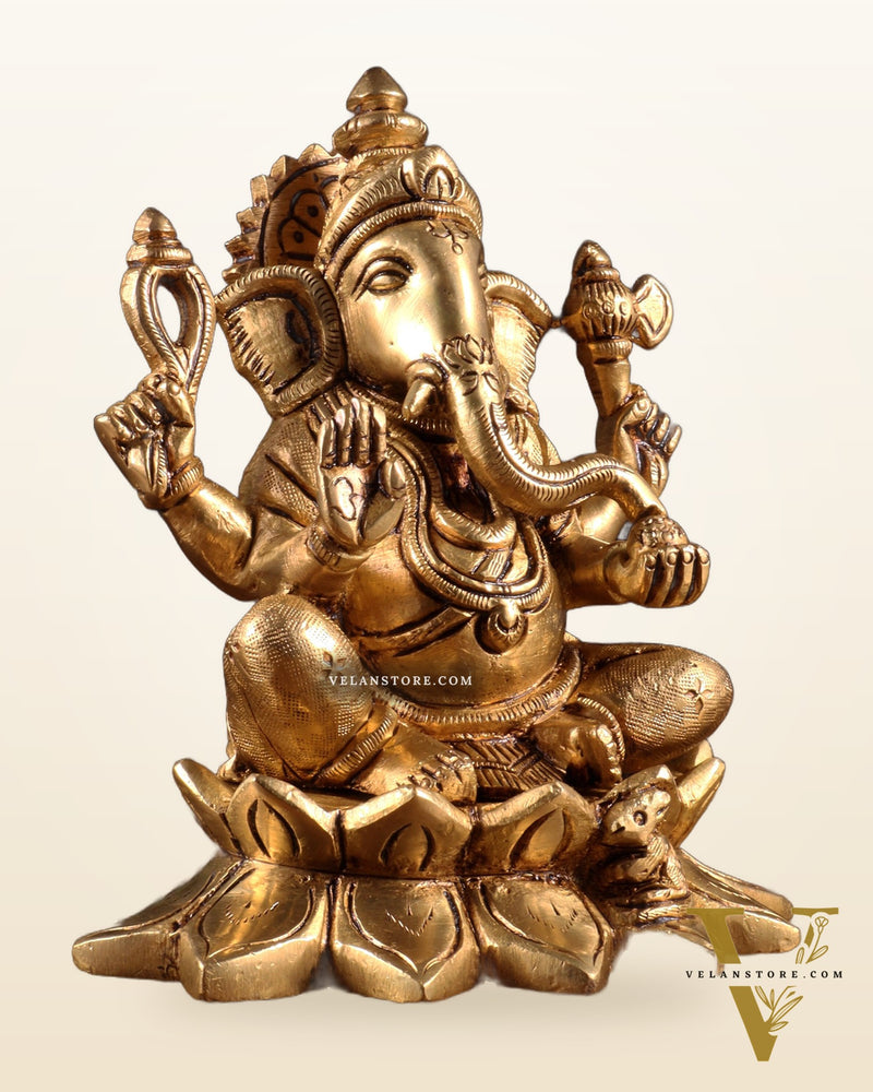 Pure Brass Ganesha in Lotus Base Idol - 5.5"