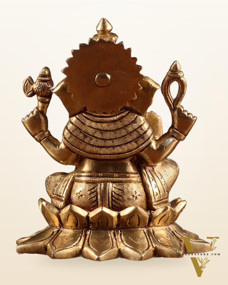 Pure Brass Ganesha in Lotus Base Idol - 5.5"