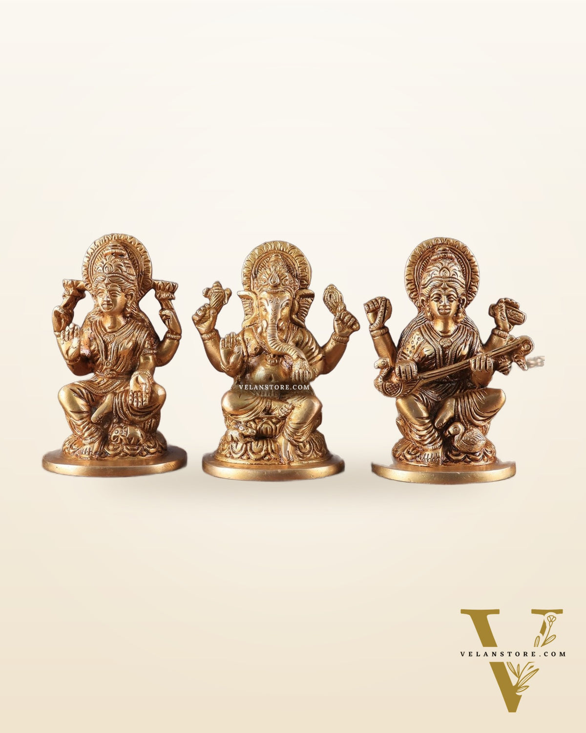 Pure Brass Ganesha, Lakshmi, and Saraswati Idols – 4.5" Handcrafted Set