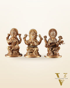 Pure Brass Ganesha, Lakshmi, and Saraswati Idols – 4.5" Handcrafted Set