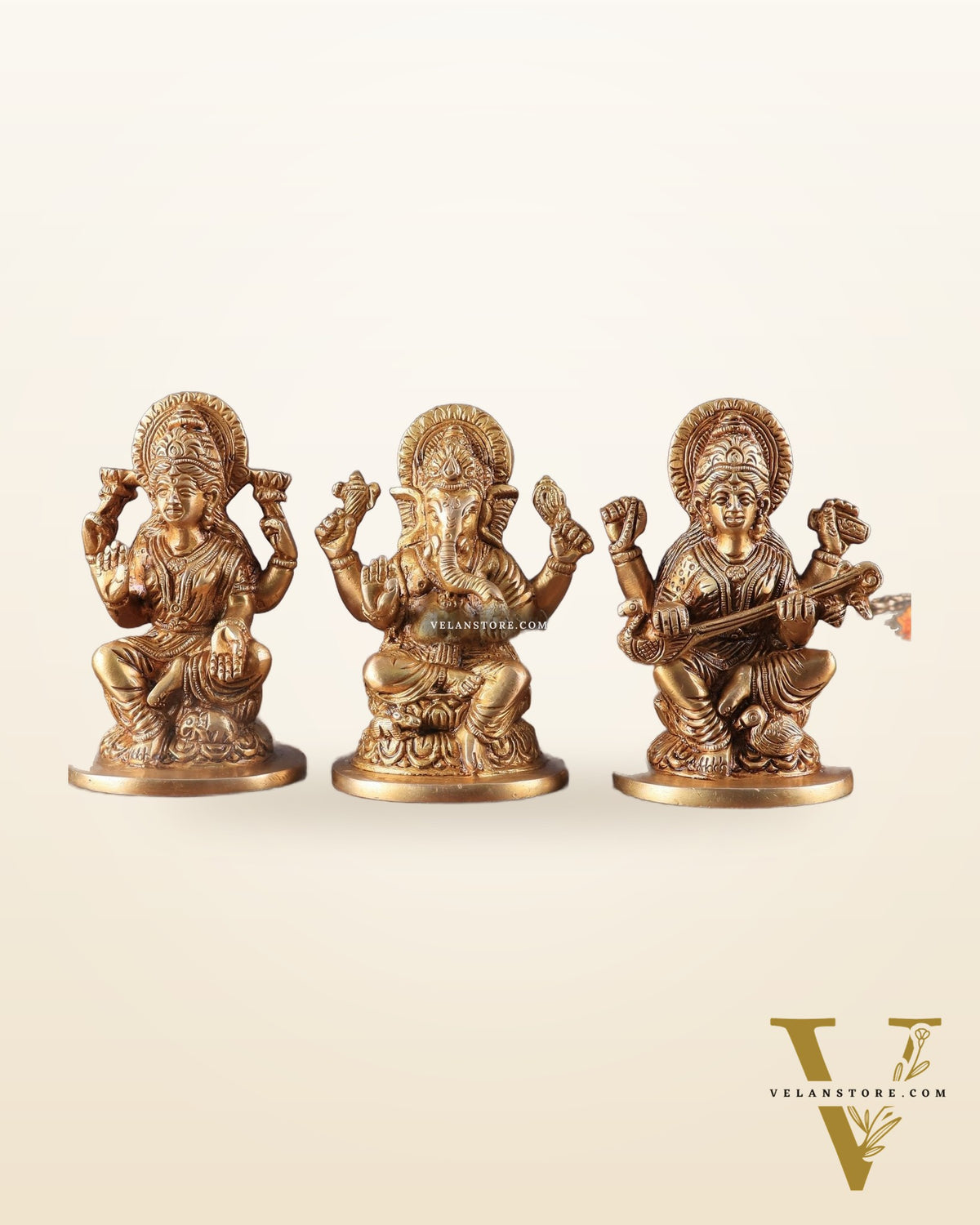 Pure Brass Ganesha, Lakshmi, and Saraswati Idols – 4.5" Handcrafted Set