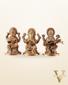 Pure Brass Ganesha, Lakshmi, and Saraswati Idols – 4.5" Handcrafted Set