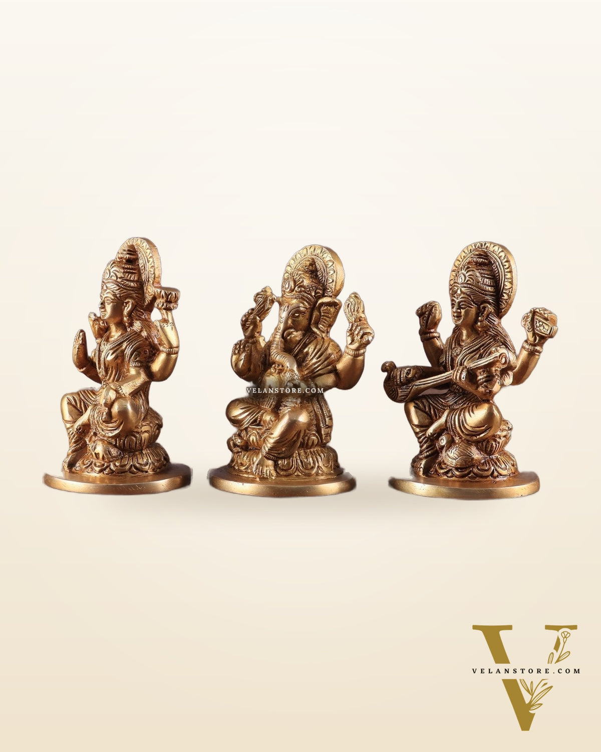 Pure Brass Ganesha, Lakshmi, and Saraswati Idols – 4.5" Handcrafted Set