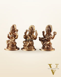 Pure Brass Ganesha, Lakshmi, and Saraswati Idols – 4.5" Handcrafted Set