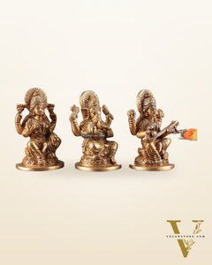 Pure Brass Ganesha, Lakshmi, and Saraswati Idols – 4.5" Handcrafted Set