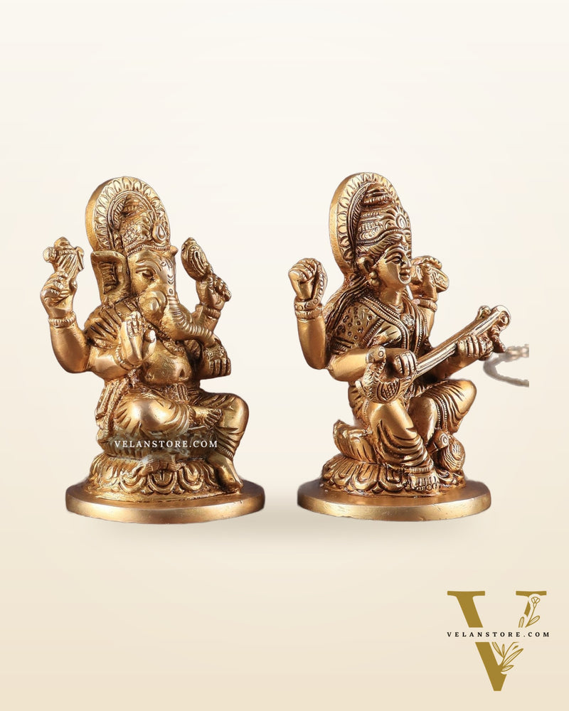 Pure Brass Ganesha, Lakshmi, and Saraswati Idols – 4.5" Handcrafted Set