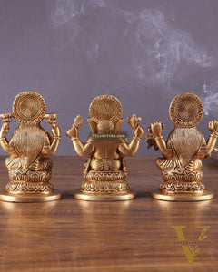 Pure Brass Ganesha, Lakshmi, and Saraswati Idols – 4.5" Handcrafted Set