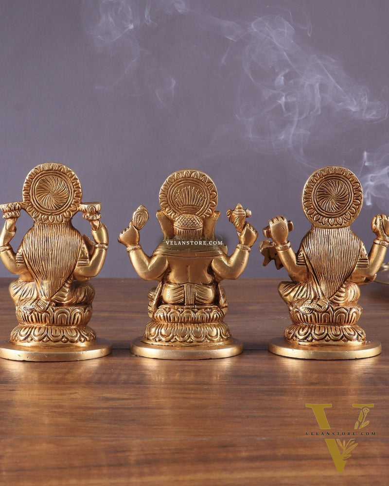 Pure Brass Ganesha, Lakshmi, and Saraswati Idols – 4.5" Handcrafted Set