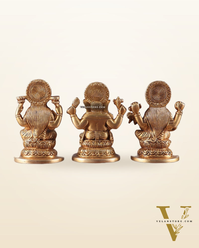 Pure Brass Ganesha, Lakshmi, and Saraswati Idols – 4.5" Handcrafted Set