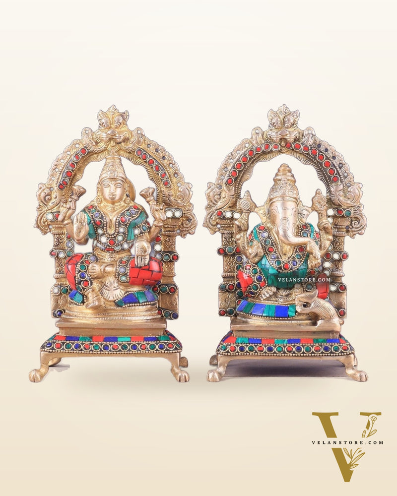 Pure Brass Ganesha Lakshmi Idol Pair | Meenakari Stonework 8"