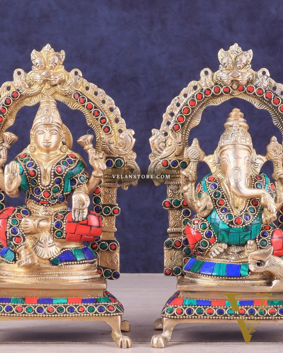 Pure Brass Ganesha Lakshmi Idol Pair | Meenakari Stonework 8"