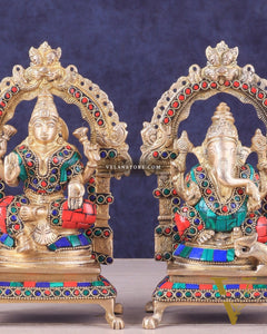 Pure Brass Ganesha Lakshmi Idol Pair | Meenakari Stonework 8"