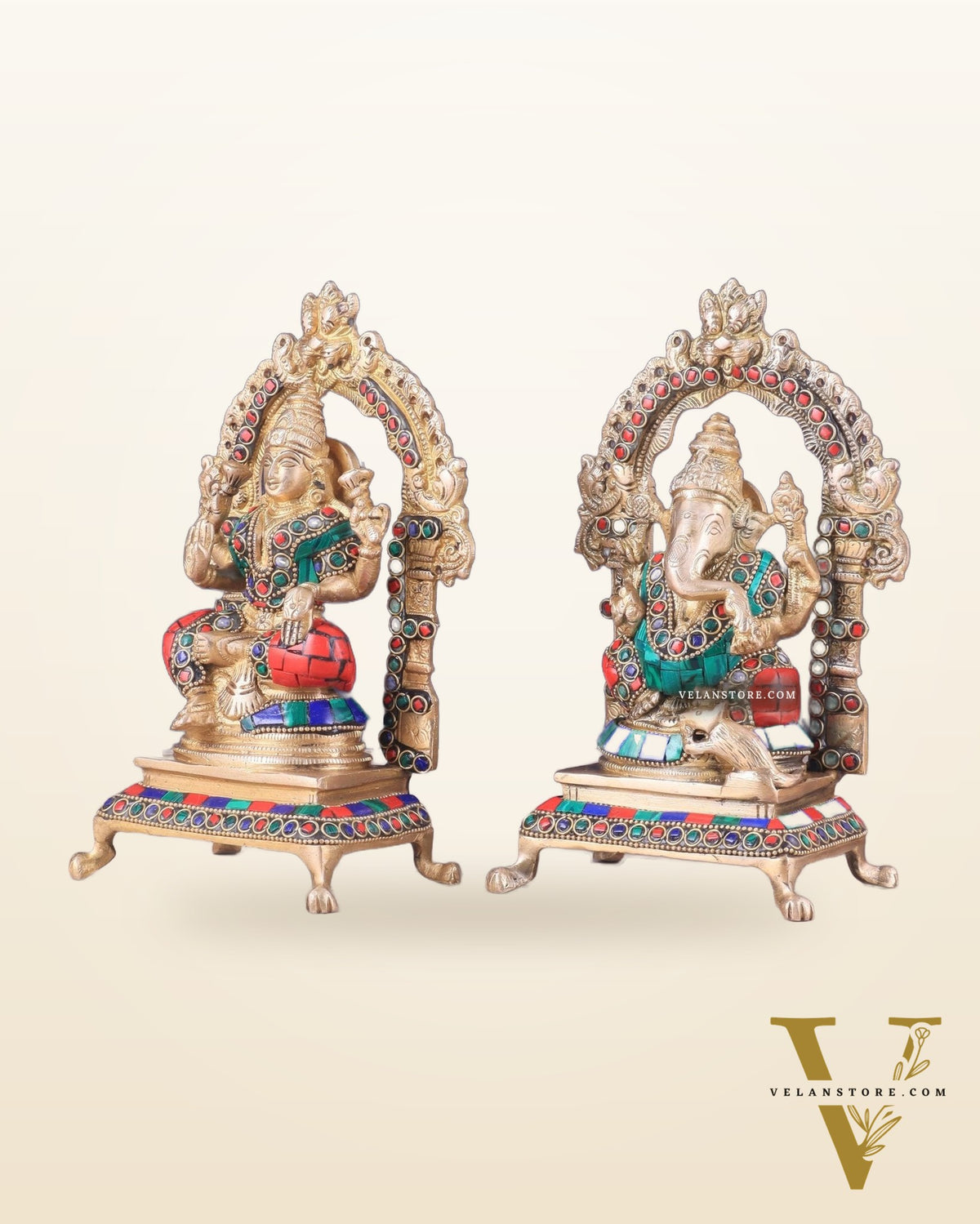 Pure Brass Ganesha Lakshmi Idol Pair | Meenakari Stonework 8"
