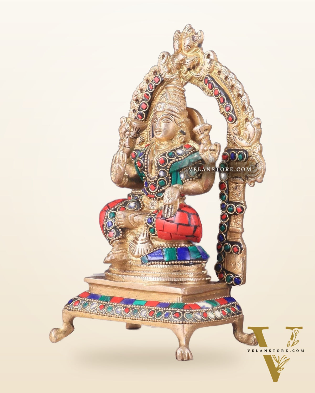 Pure Brass Ganesha Lakshmi Idol Pair | Meenakari Stonework 8"