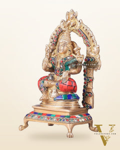 Pure Brass Ganesha Lakshmi Idol Pair | Meenakari Stonework 8"