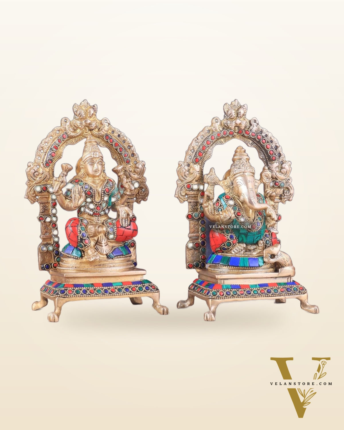 Pure Brass Ganesha Lakshmi Idol Pair | Meenakari Stonework 8"