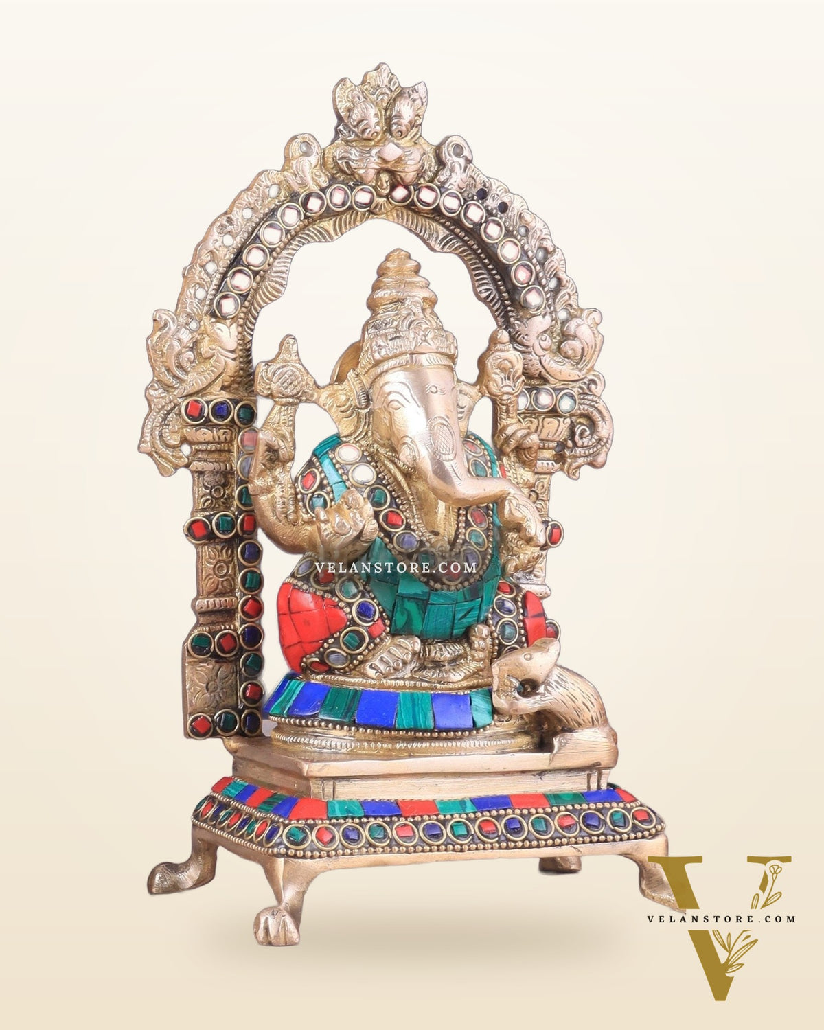 Pure Brass Ganesha Lakshmi Idol Pair | Meenakari Stonework 8"