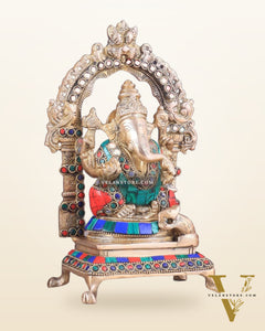 Pure Brass Ganesha Lakshmi Idol Pair | Meenakari Stonework 8"