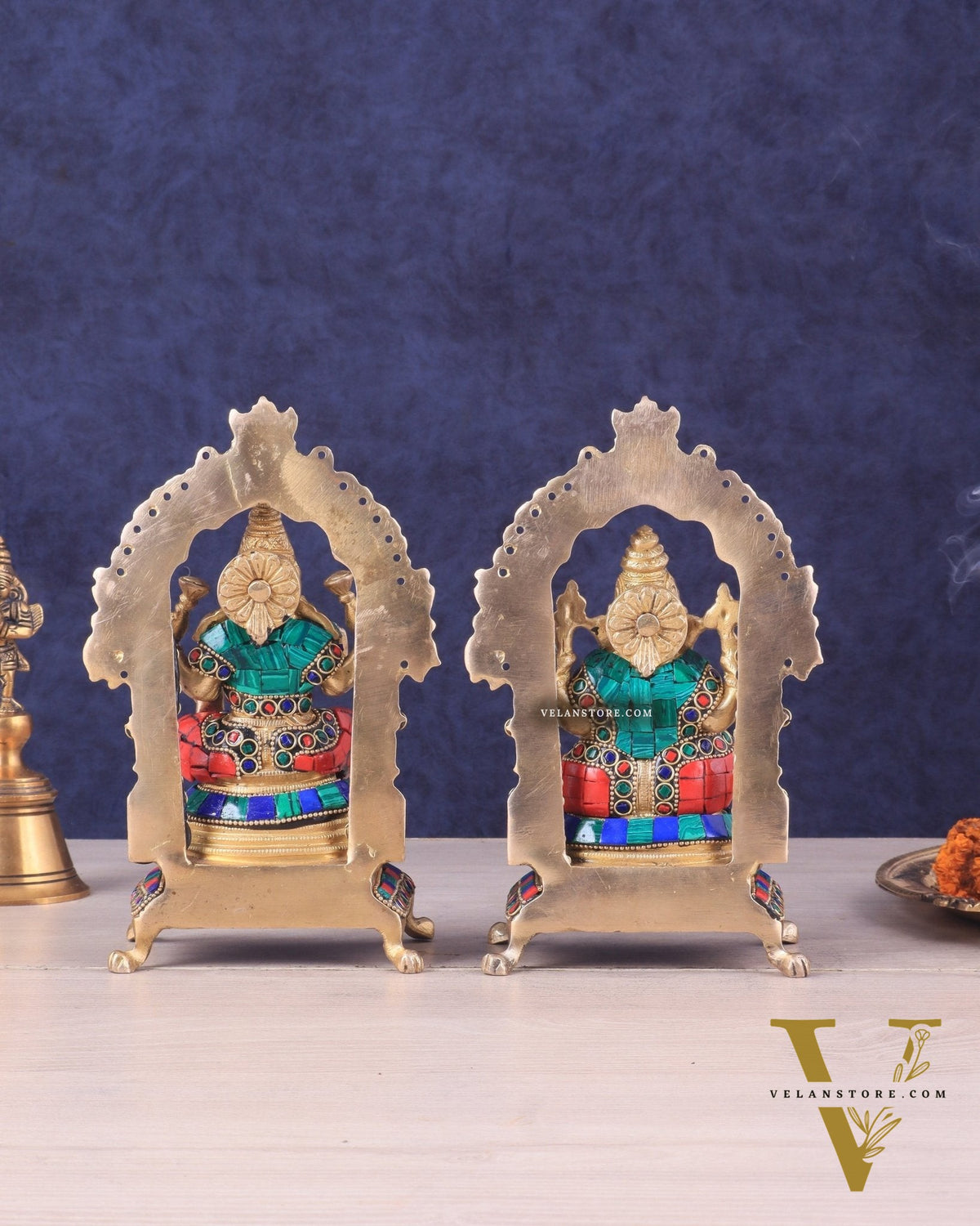Pure Brass Ganesha Lakshmi Idol Pair | Meenakari Stonework 8"