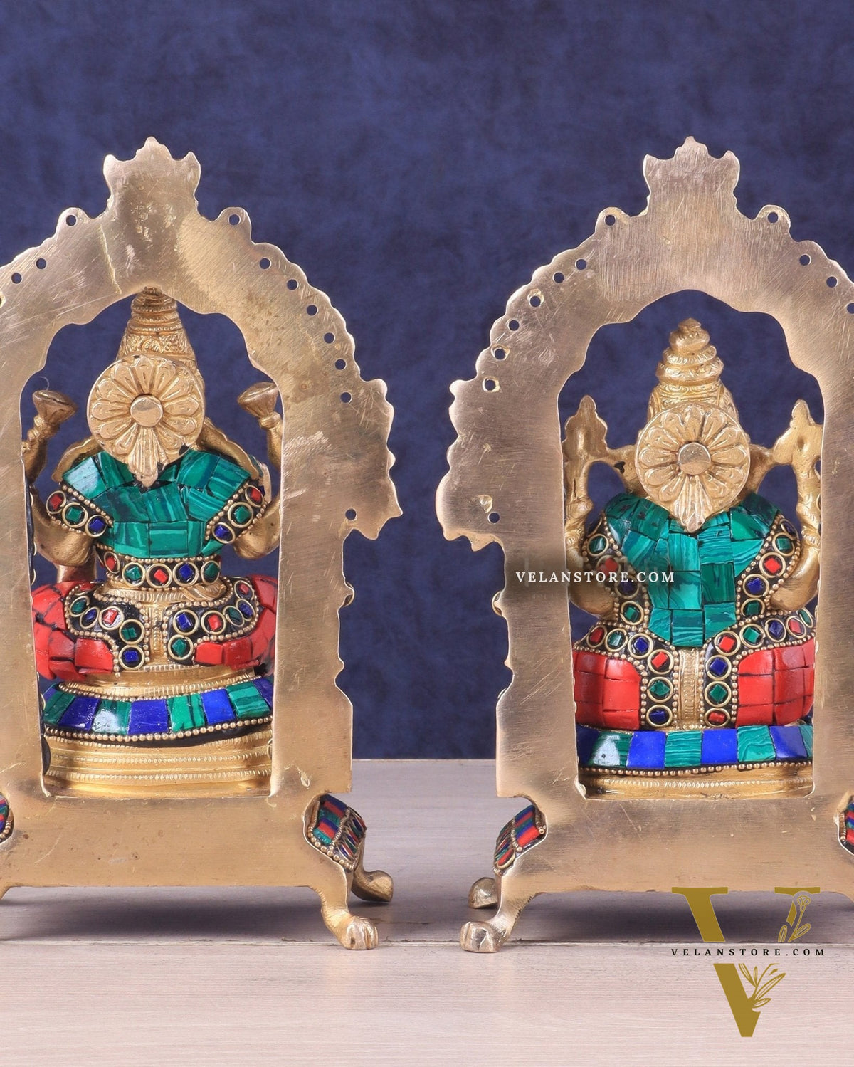 Pure Brass Ganesha Lakshmi Idol Pair | Meenakari Stonework 8"