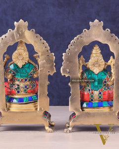 Pure Brass Ganesha Lakshmi Idol Pair | Meenakari Stonework 8"