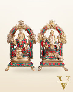 Pure Brass Ganesha Lakshmi Idol Set | floral Stonework 8"