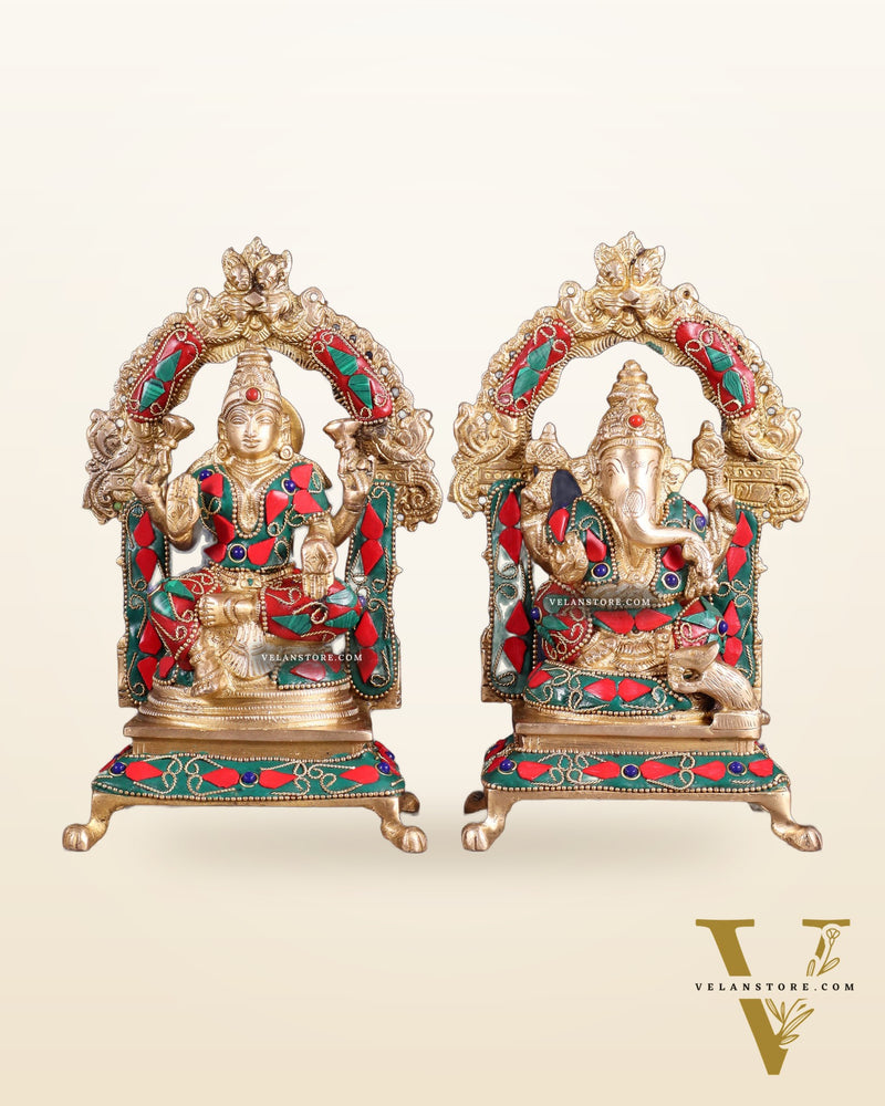 Pure Brass Ganesha Lakshmi Idol Set | floral Stonework 8"