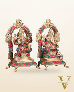 Pure Brass Ganesha Lakshmi Idol Set | floral Stonework 8"