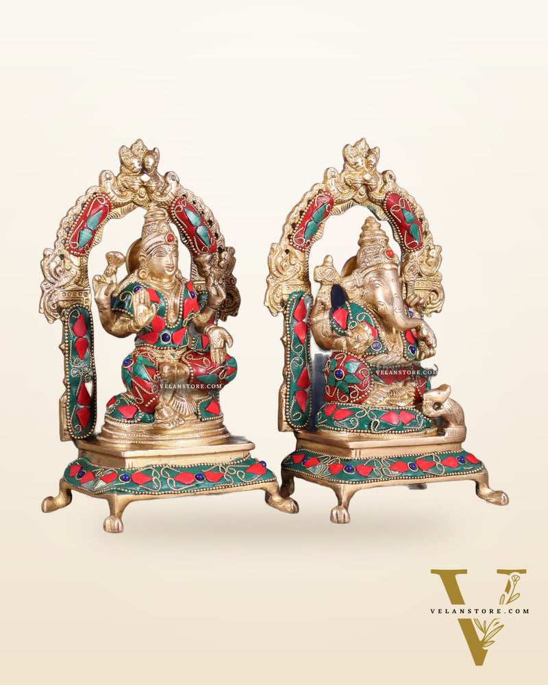 Pure Brass Ganesha Lakshmi Idol Set | floral Stonework 8"