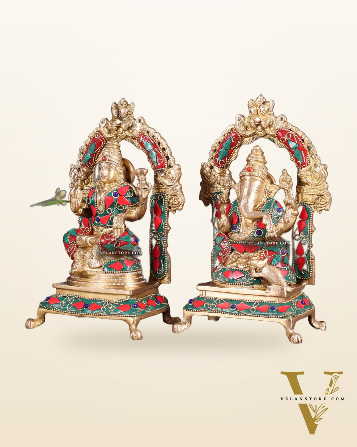 Pure Brass Ganesha Lakshmi Idol Set | floral Stonework 8"