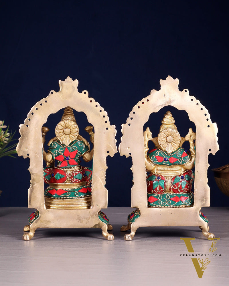 Pure Brass Ganesha Lakshmi Idol Set | floral Stonework 8"