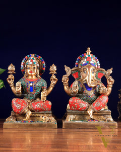 Pure Brass Ganesha Lakshmi idols 12 inch meenakari