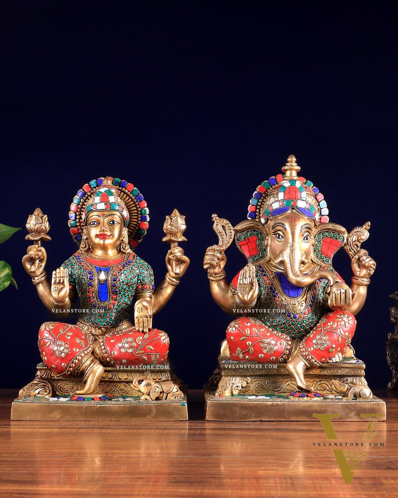 Pure Brass Ganesha Lakshmi idols 12 inch meenakari