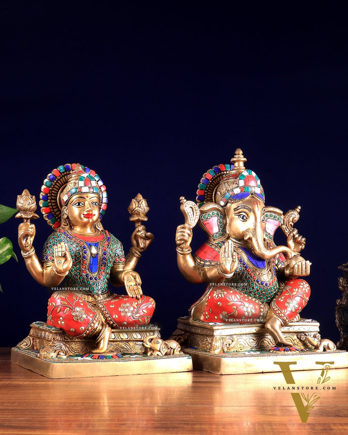 Pure Brass Ganesha Lakshmi idols 12 inch meenakari