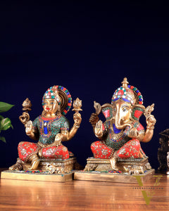 Pure Brass Ganesha Lakshmi idols 12 inch meenakari