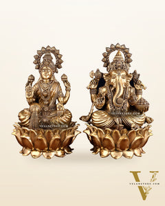 Pure Brass Ganesha & Lakshmi on Lotus – Padmasan Mudra Idol Pair 6 inch