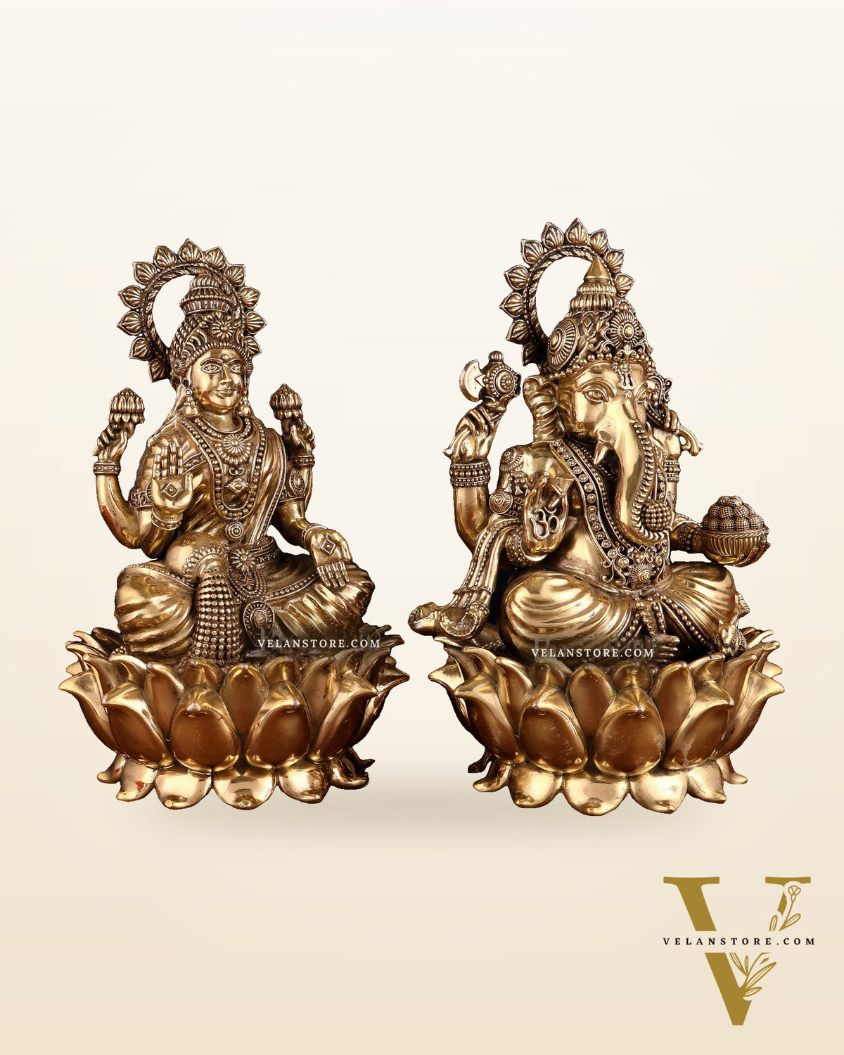 Pure Brass Ganesha & Lakshmi on Lotus – Padmasan Mudra Idol Pair 6 inch