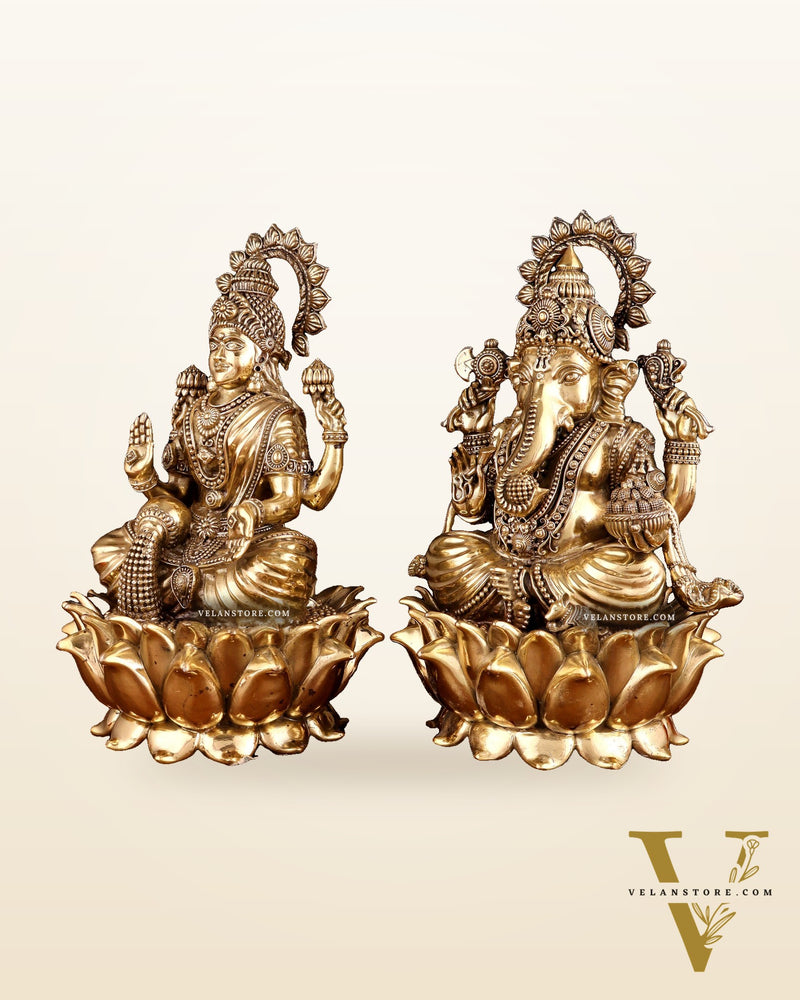 Pure Brass Ganesha & Lakshmi on Lotus – Padmasan Mudra Idol Pair 6 inch