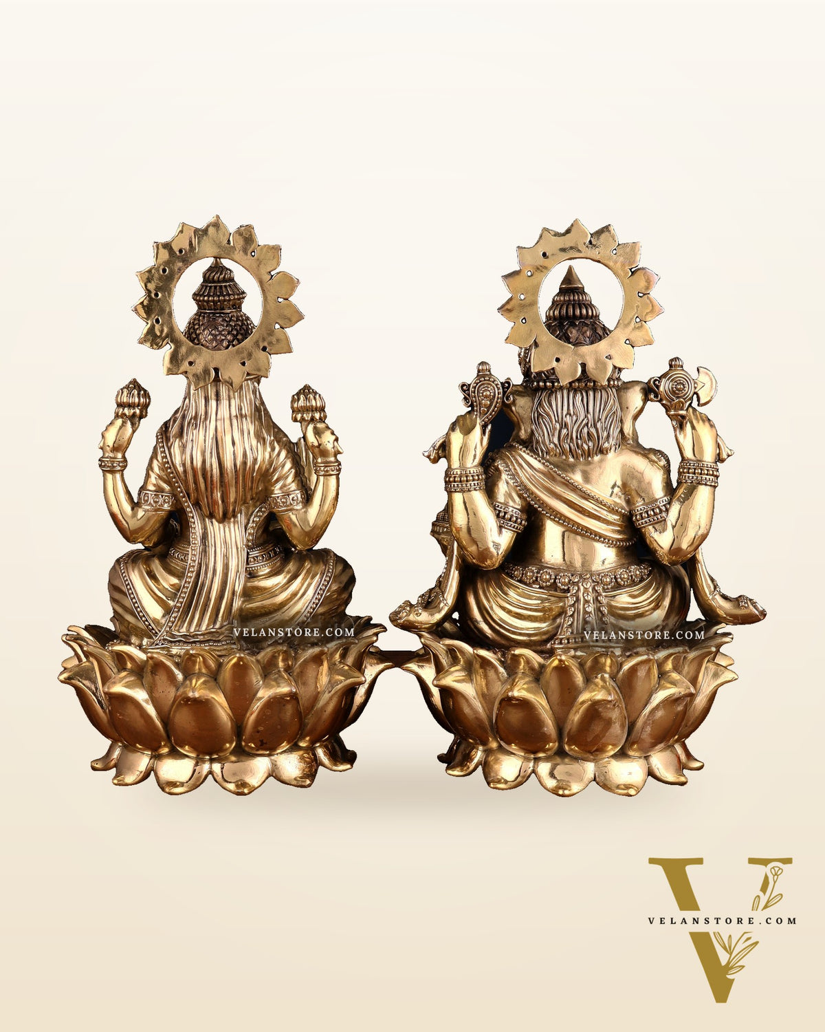 Pure Brass Ganesha & Lakshmi on Lotus – Padmasan Mudra Idol Pair 6 inch